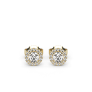 Yellow Gold Round Shape Diamond Halo Pave Earrings With U Cut Setting